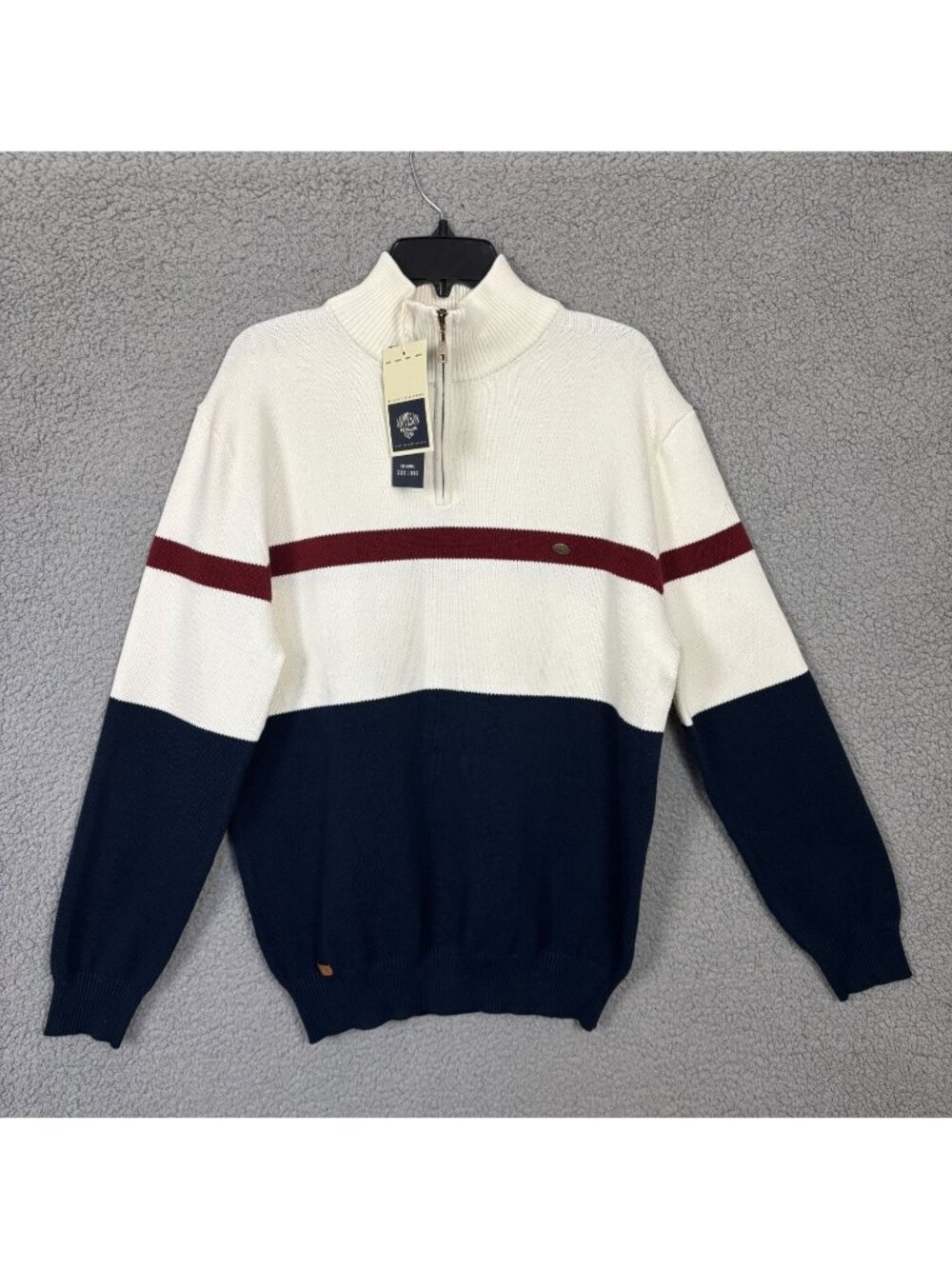 Aiopeson Mens White Navy Red Striped Half-Zip Sweater Casual Knitwear Large NWTs